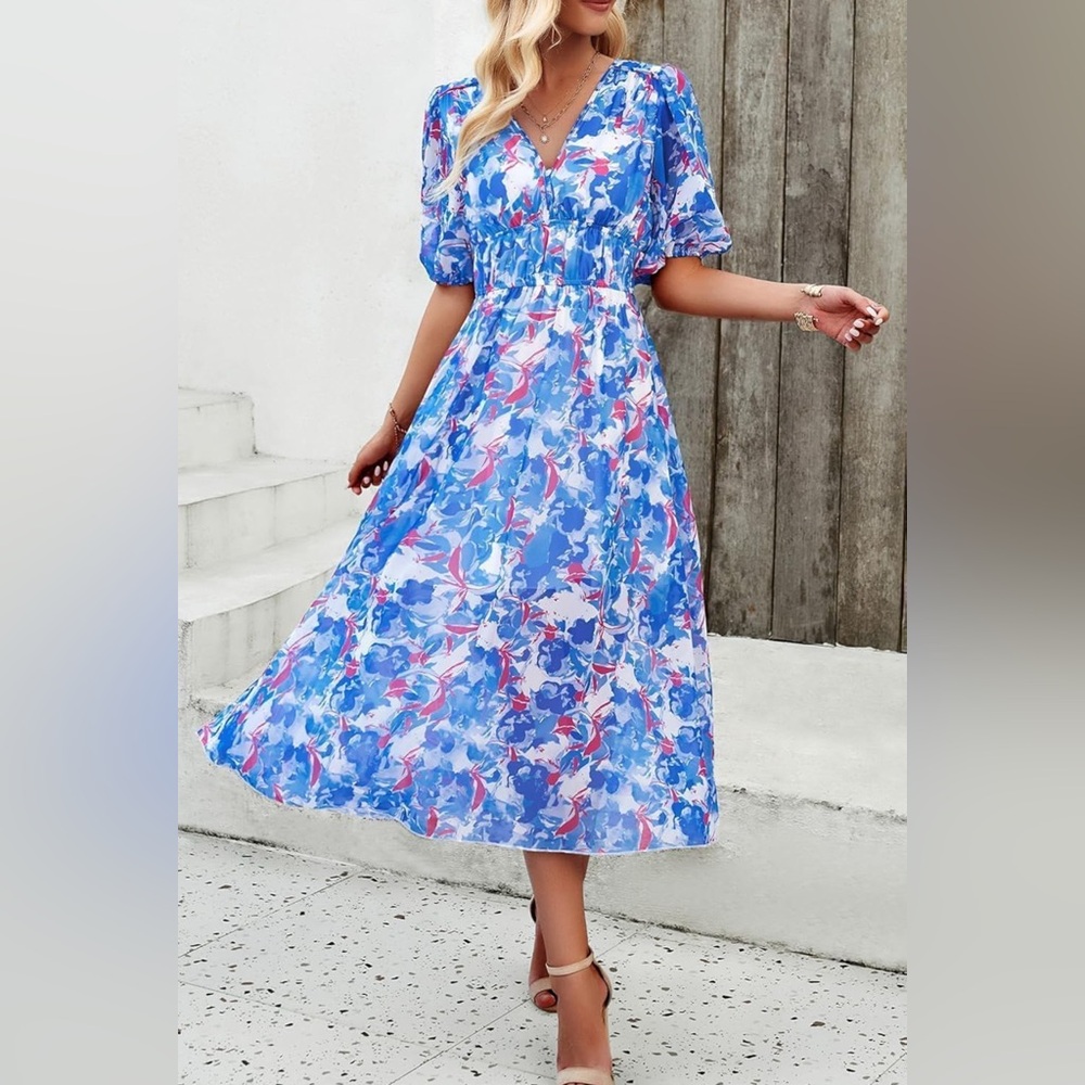 Blue Floral Midi Dress with Puff Sleeves